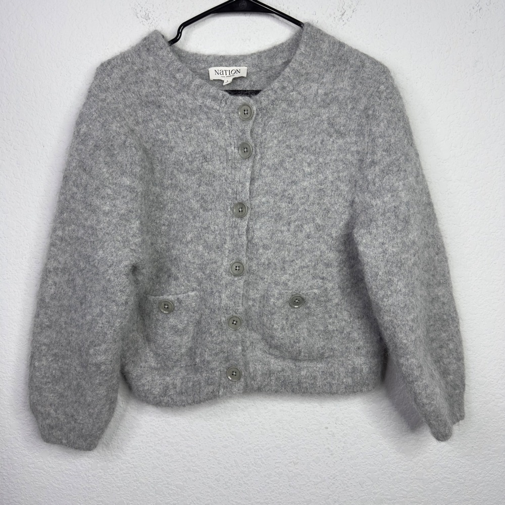 Nation LTD Tessa Cardigan Women L Gray Alpaca Fuzzy Quiet Luxury Minimalist